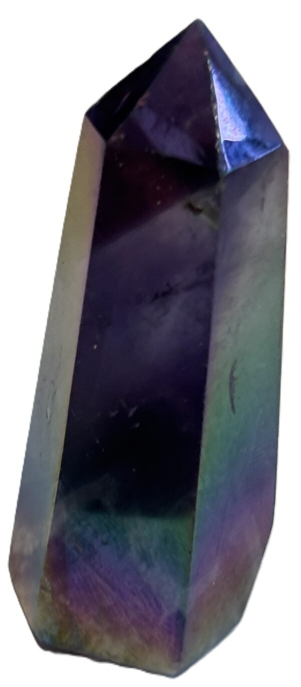 Standing rainbow amethyst aura polished crystal point 13 sians emporium Polished rainbow amethyst aura quartz generator point showing iridescent green violet and gold metallic sheen over natural chevron banding